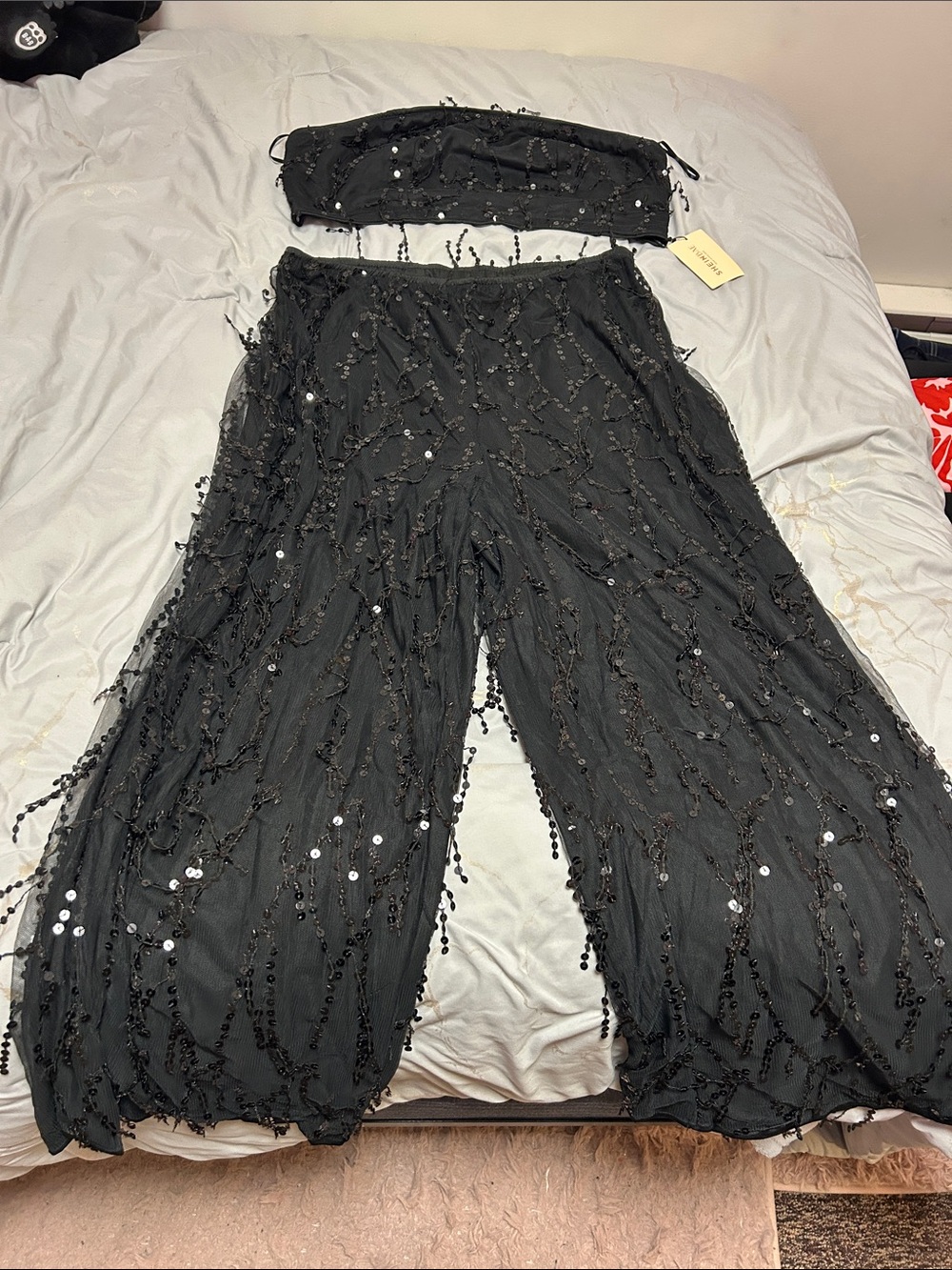 SHEIN Black Sequin-Embellished Wide-Leg Pants with Matching Bandeau